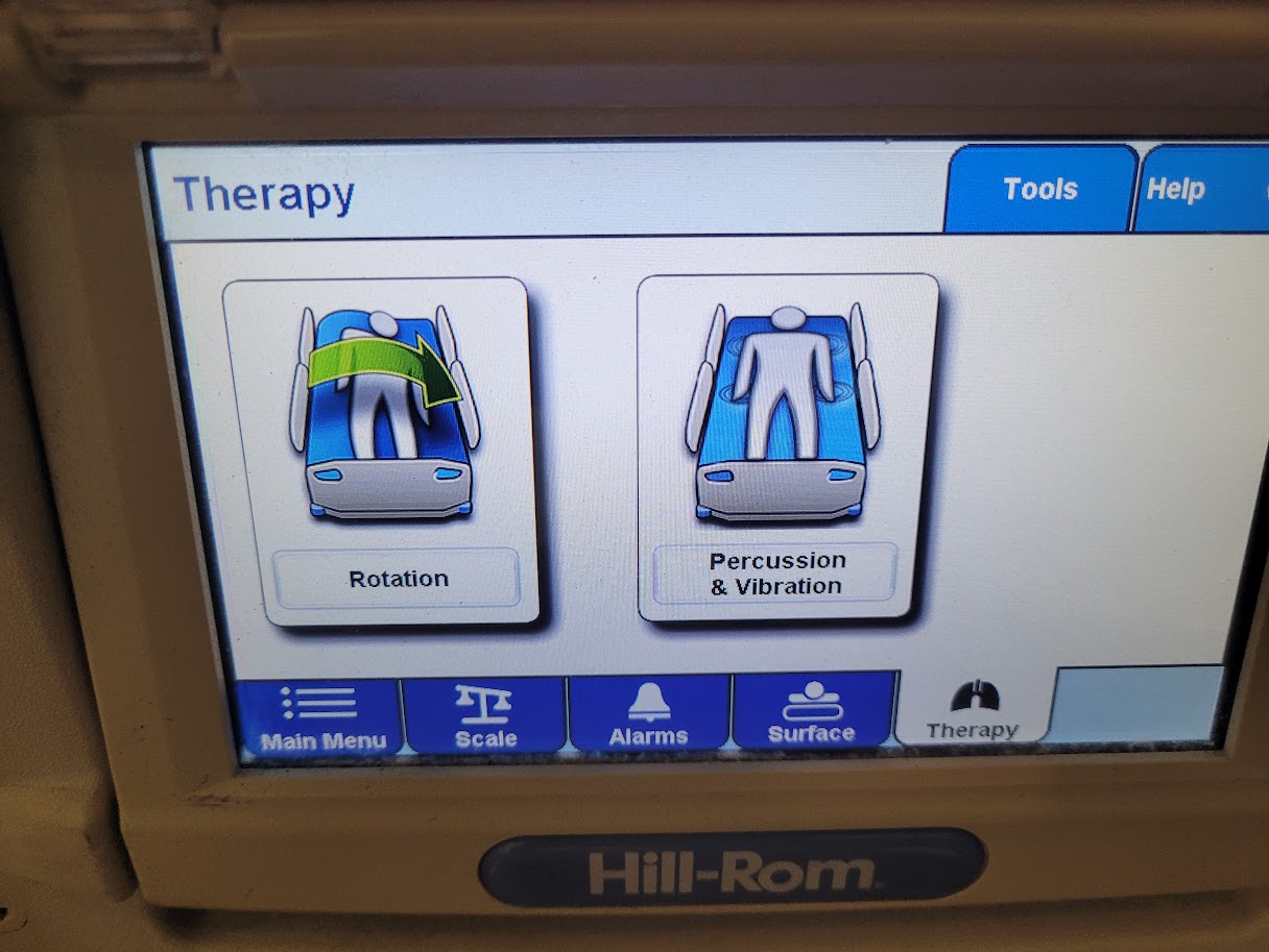 Hill Rom Progressa control panel - auto patient turning and percussion feature for lungs